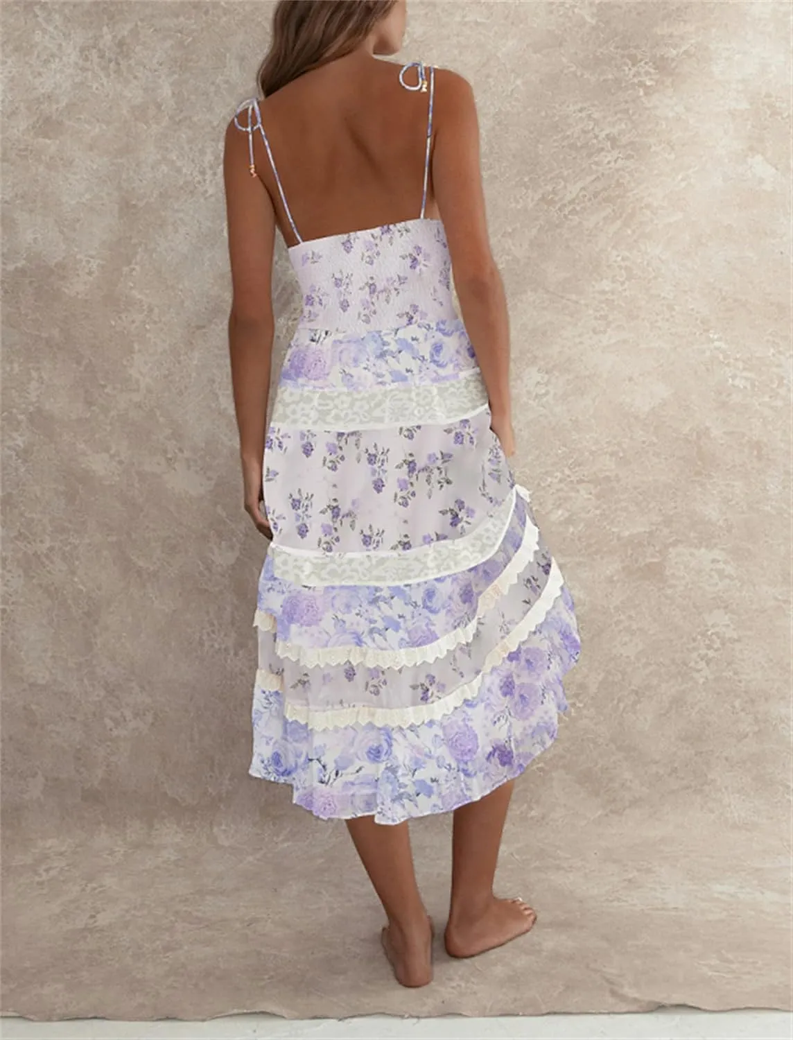 Women Tie Shoulder Boho Floral Maxi Dress Y2k Smocked Flowy Lace Sundress Spaghetti Strap Summer Long Beach Dress