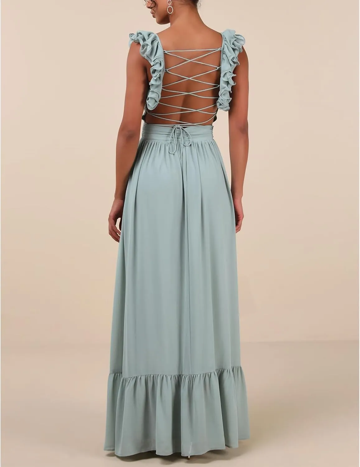 Women Y2k Lace Up Back Floral Maxi Dress Cute Ruffle Trim Backless Tie Beach Formal Long Flowy Dresses