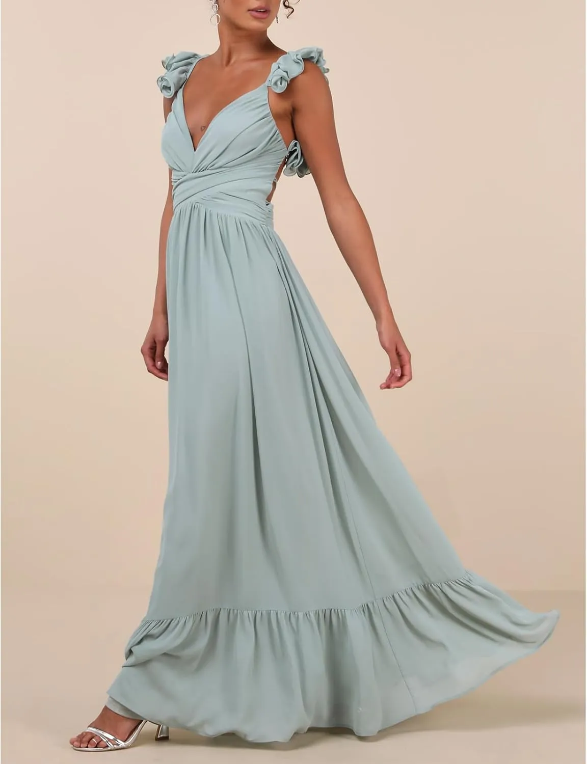 Women Y2k Lace Up Back Floral Maxi Dress Cute Ruffle Trim Backless Tie Beach Formal Long Flowy Dresses
