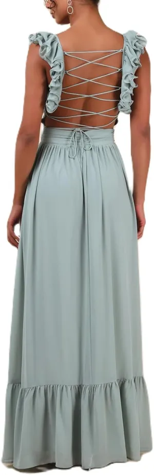 Women Y2k Lace Up Back Floral Maxi Dress Cute Ruffle Trim Backless Tie Beach Formal Long Flowy Dresses