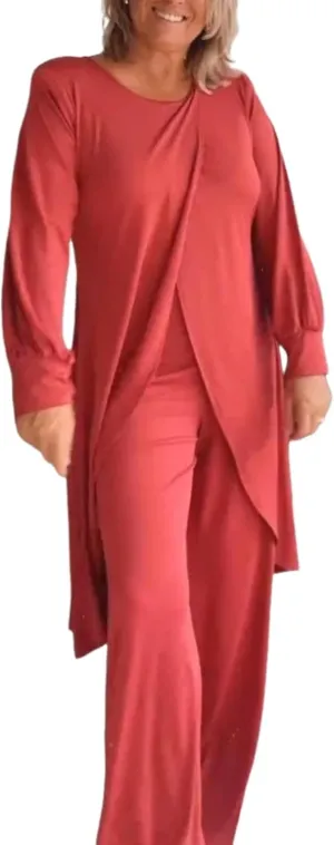 Women's 2025 Summer 2 Piece Set Long Sleeve Round Neck Asymmetrical Top Straight Wide Leg Pants Plain Vacation Outfits