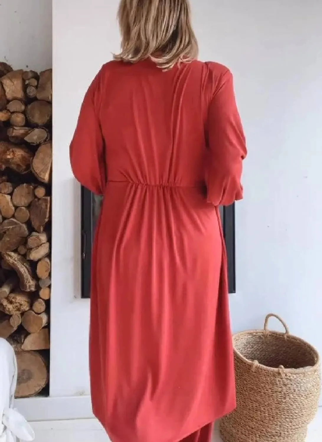 Women's 2025 Summer 2 Piece Set Long Sleeve Round Neck Asymmetrical Top Straight Wide Leg Pants Plain Vacation Outfits