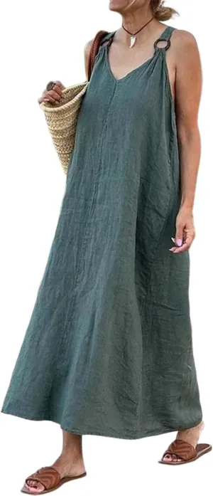 Women's 2025 Summer Elegant V-Neck Sleeveless Maxi Dresses Baggy Plain Loose Silhouette Causal Beach Outing Shift Dress