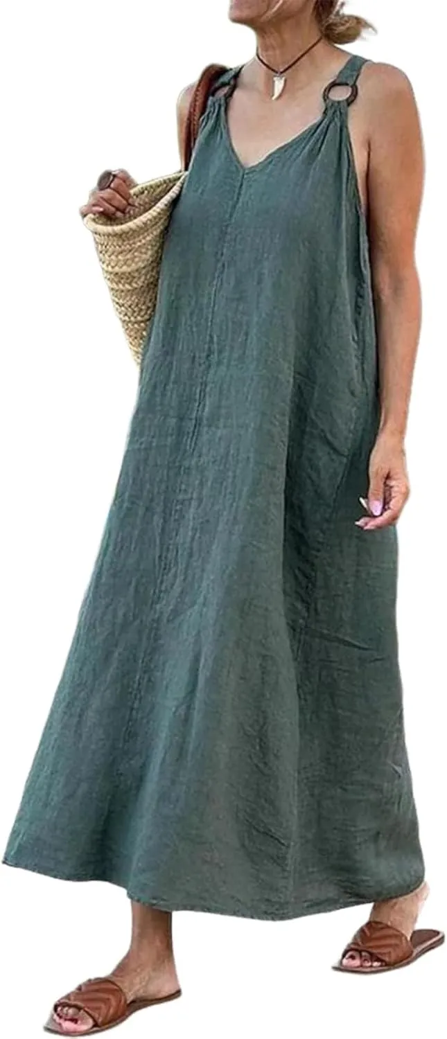 Women's 2025 Summer Elegant V-Neck Sleeveless Maxi Dresses Baggy Plain Loose Silhouette Causal Beach Outing Shift Dress
