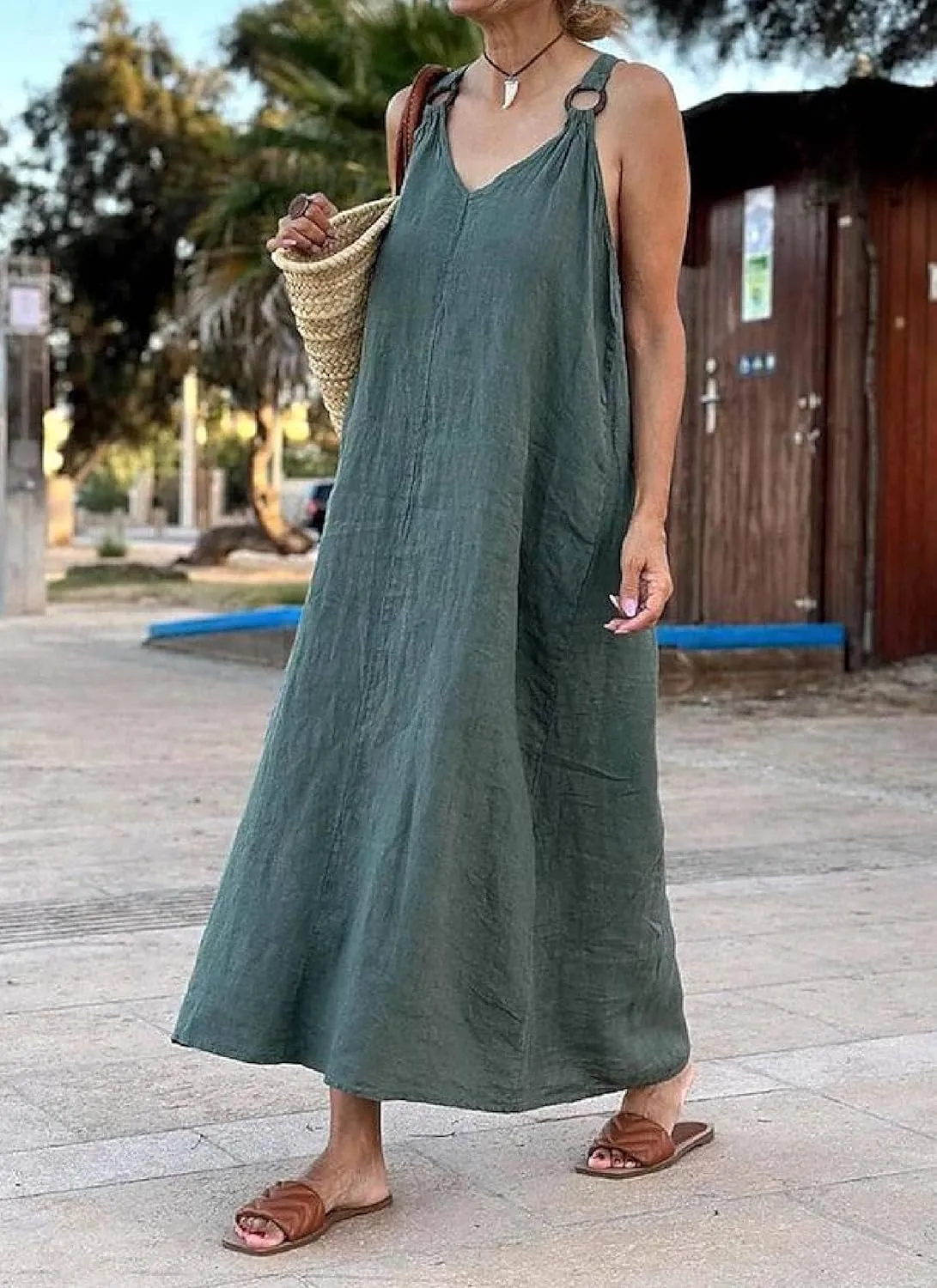 Women's 2025 Summer Elegant V-Neck Sleeveless Maxi Dresses Baggy Plain Loose Silhouette Causal Beach Outing Shift Dress