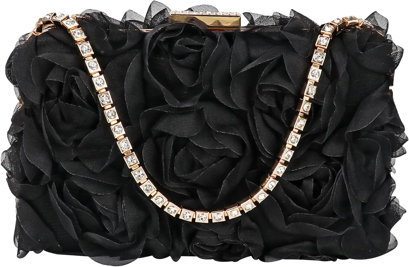 Womens 3D Rose Floral Clutch with Rhinestone Chain, Evening Handbag Purse Shoulder Crossbody Bag for Wedding Party Prom