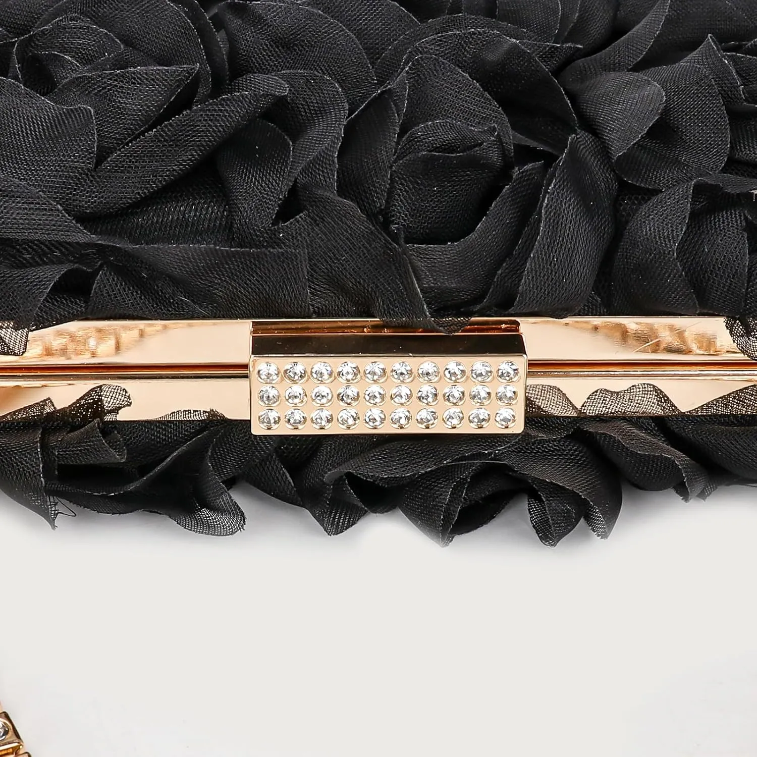 Womens 3D Rose Floral Clutch with Rhinestone Chain, Evening Handbag Purse Shoulder Crossbody Bag for Wedding Party Prom