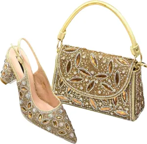 Women’s African Themed Sparkly Wedding Shoes and Purse Combo Crystal Embellished Heels for Formal