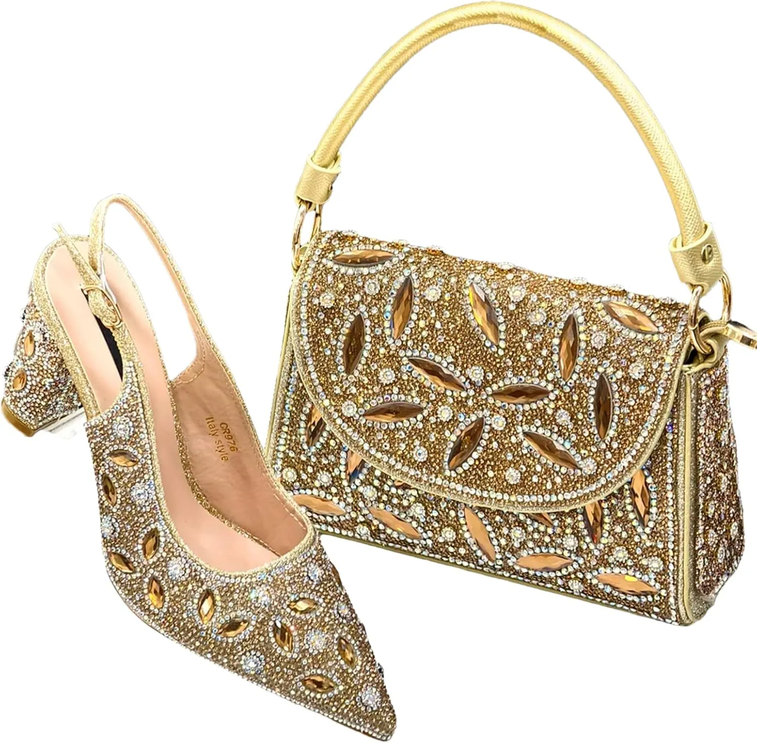 Women’s African Themed Sparkly Wedding Shoes and Purse Combo Crystal Embellished Heels for Formal