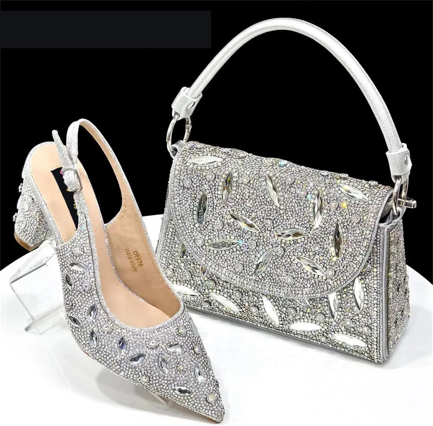 Women’s African Themed Sparkly Wedding Shoes and Purse Combo Crystal Embellished Heels for Formal