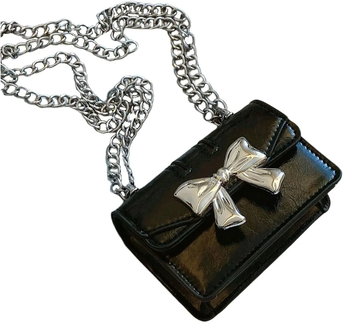 Women's Bow Knot Chain Cross Body Handbag Flap Mini Squared Shoulder Bags
