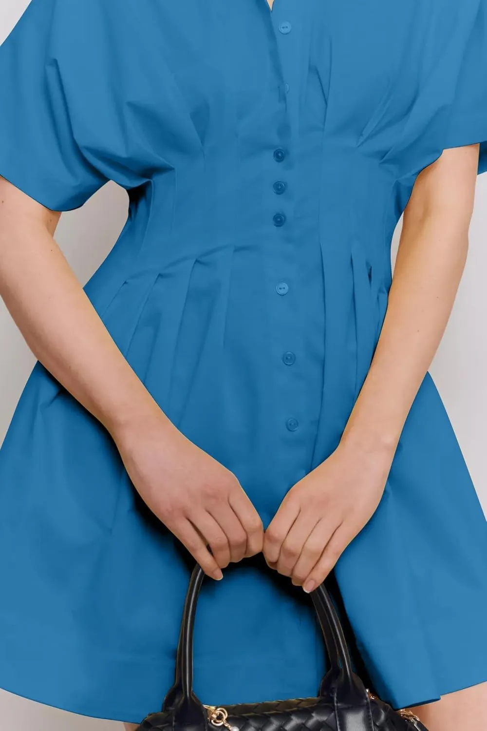 Womens Button Down Striped Shirt Dress Empire Waist Pleated Mini Dress Summer Cute Collar Pinstripe Dresses