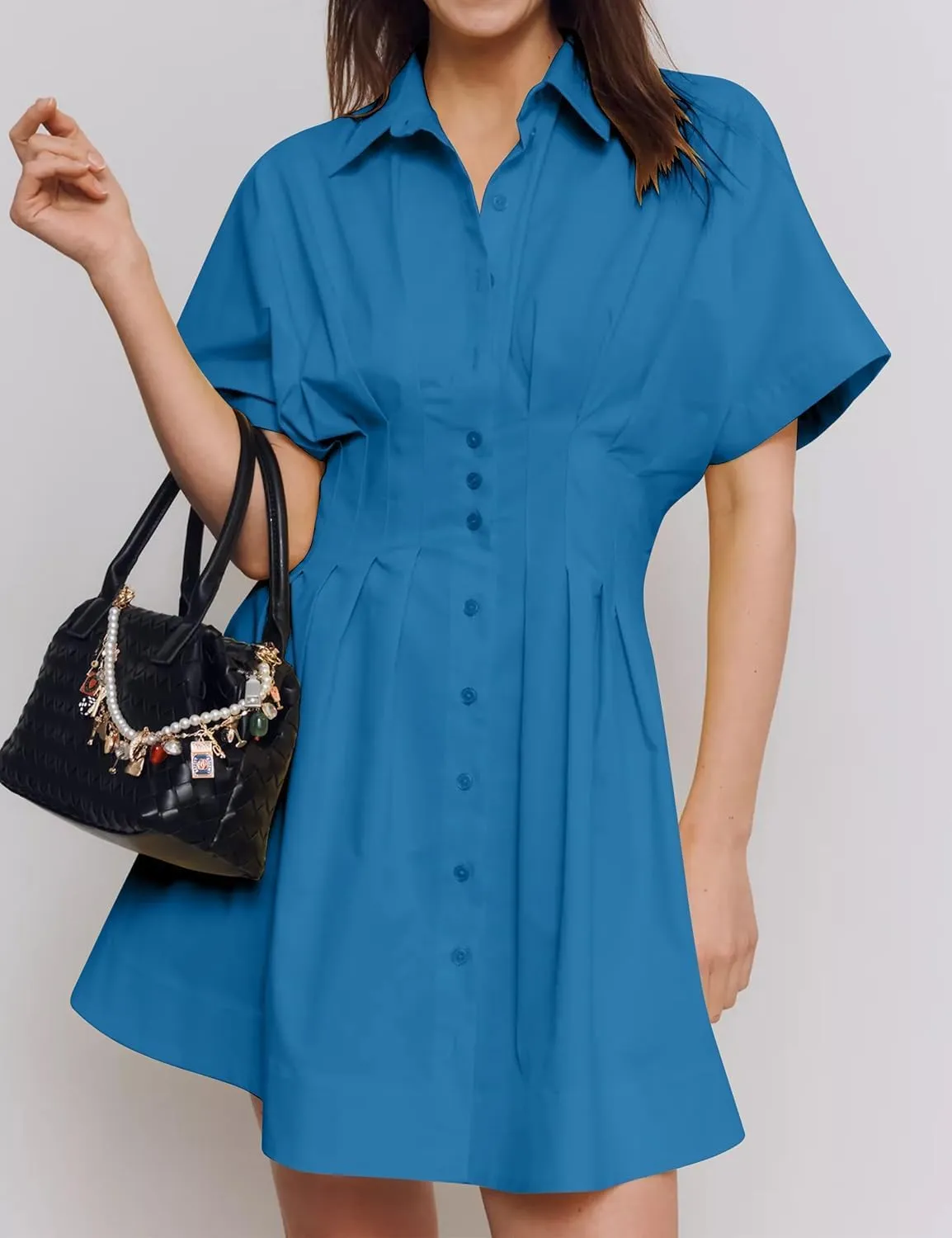 Womens Button Down Striped Shirt Dress Empire Waist Pleated Mini Dress Summer Cute Collar Pinstripe Dresses