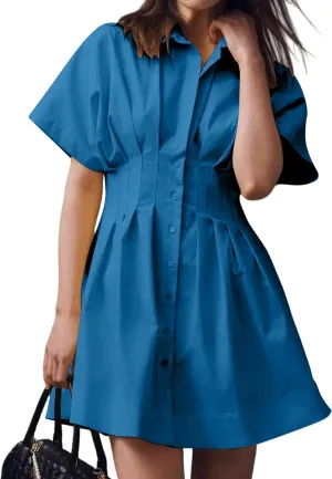 Womens Button Down Striped Shirt Dress Empire Waist Pleated Mini Dress Summer Cute Collar Pinstripe Dresses