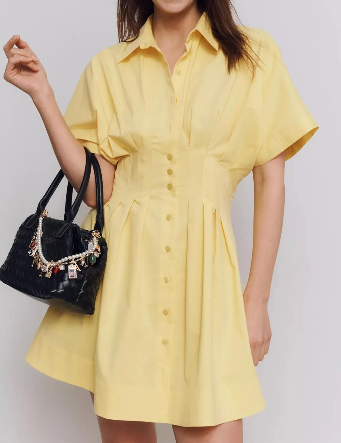 Womens Button Down Striped Shirt Dress Empire Waist Pleated Mini Dress Summer Cute Collar Pinstripe Dresses