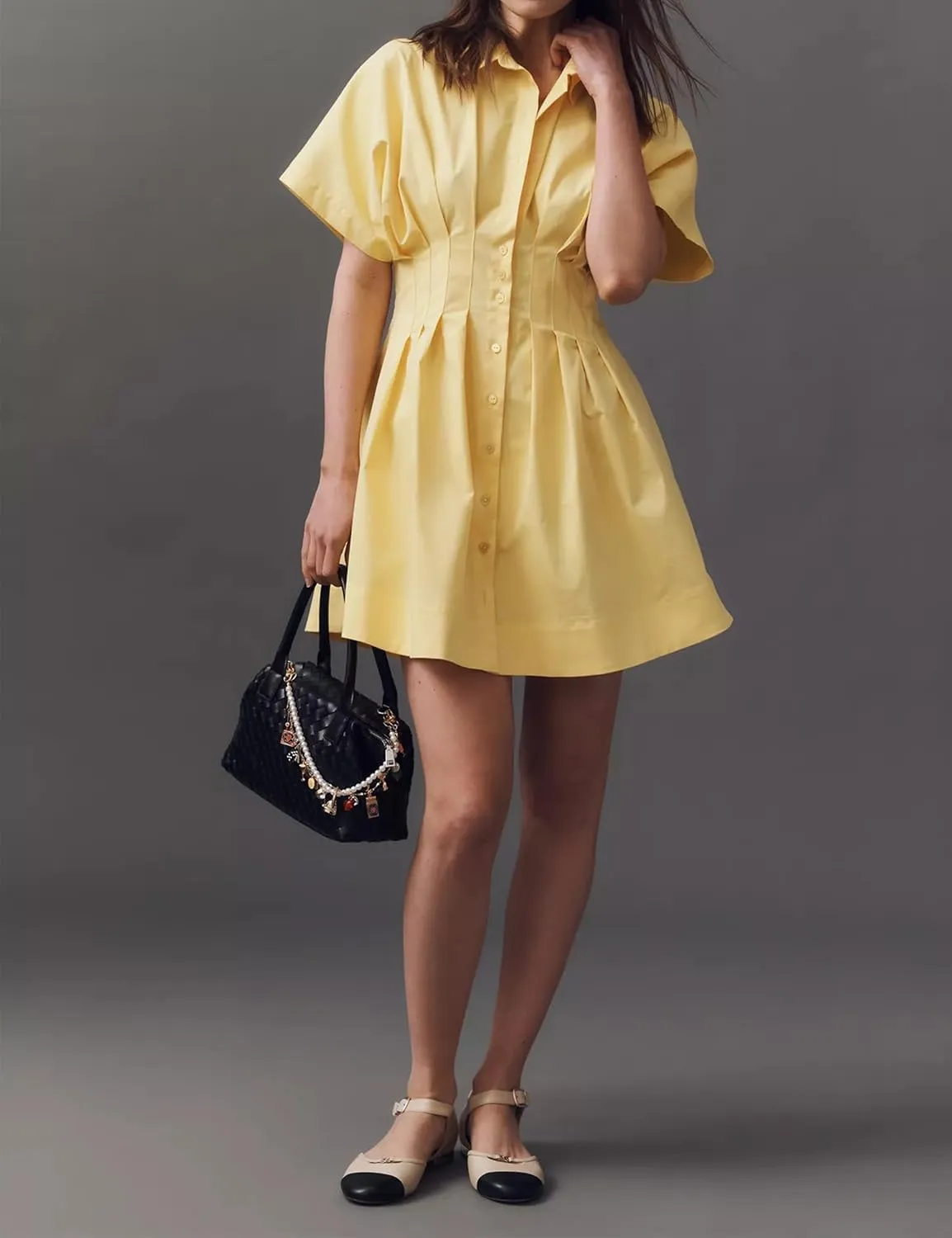 Womens Button Down Striped Shirt Dress Empire Waist Pleated Mini Dress Summer Cute Collar Pinstripe Dresses