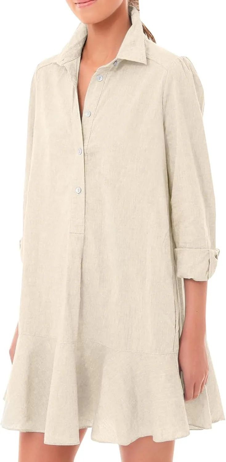 Womens Casual Button Down Shirt Dress Long Sleeve Collared Pleated Swing Mini Dresses Tunic Blouse Top