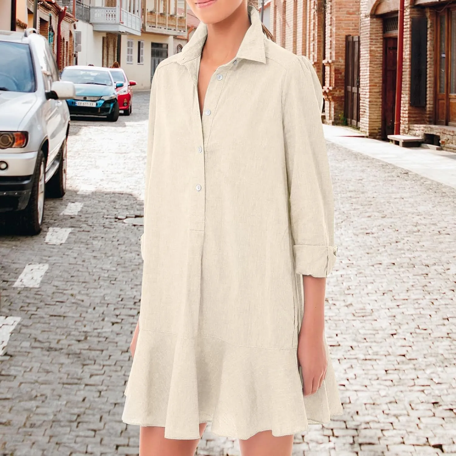 Womens Casual Button Down Shirt Dress Long Sleeve Collared Pleated Swing Mini Dresses Tunic Blouse Top