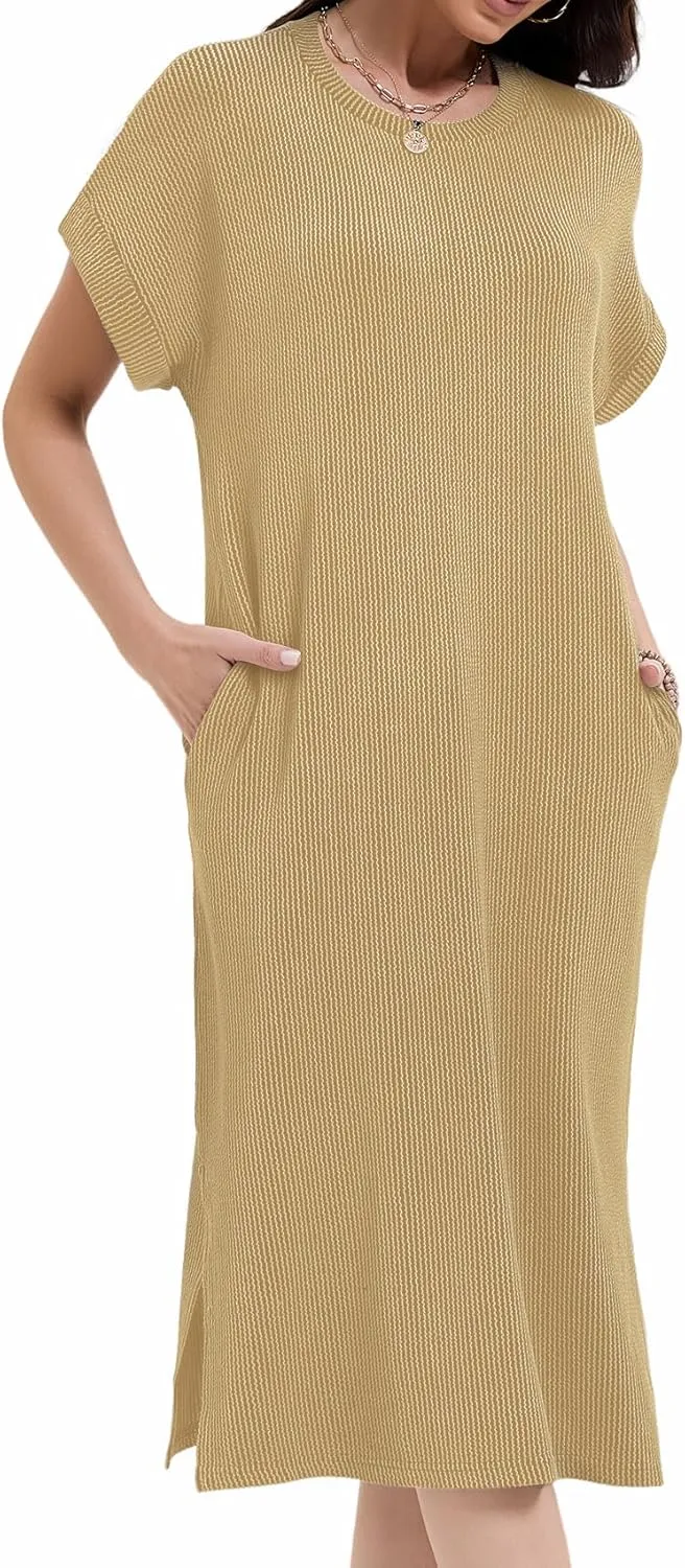 Womens Casual Summer Crewneck T Shirt Dress Ribbed Pattern Loose Split Dress with Pockets