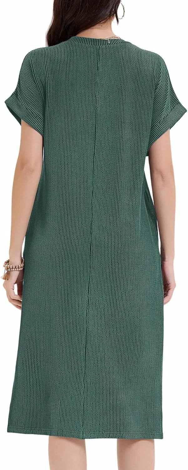Womens Casual Summer Crewneck T Shirt Dress Ribbed Pattern Loose Split Dress with Pockets