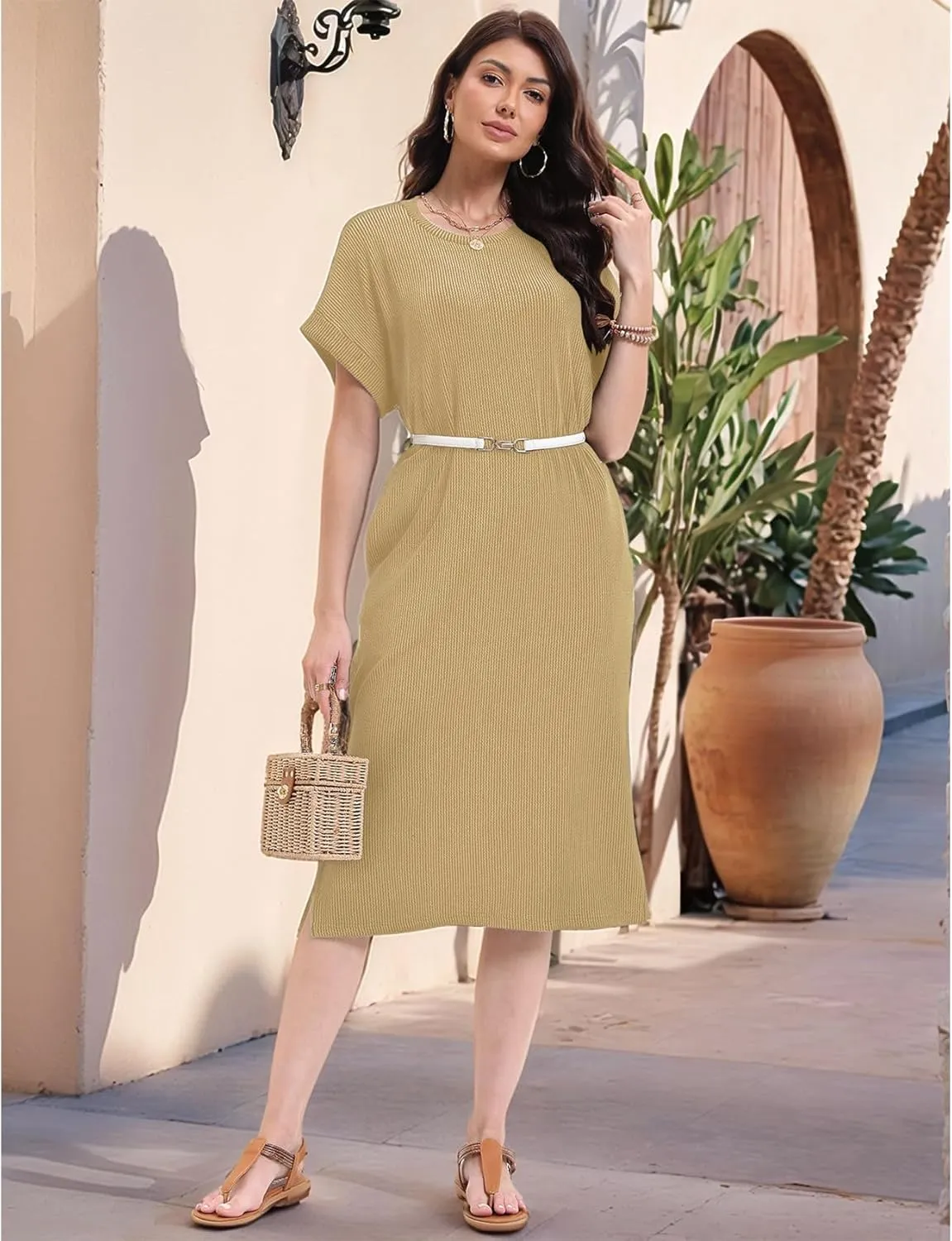 Womens Casual Summer Crewneck T Shirt Dress Ribbed Pattern Loose Split Dress with Pockets