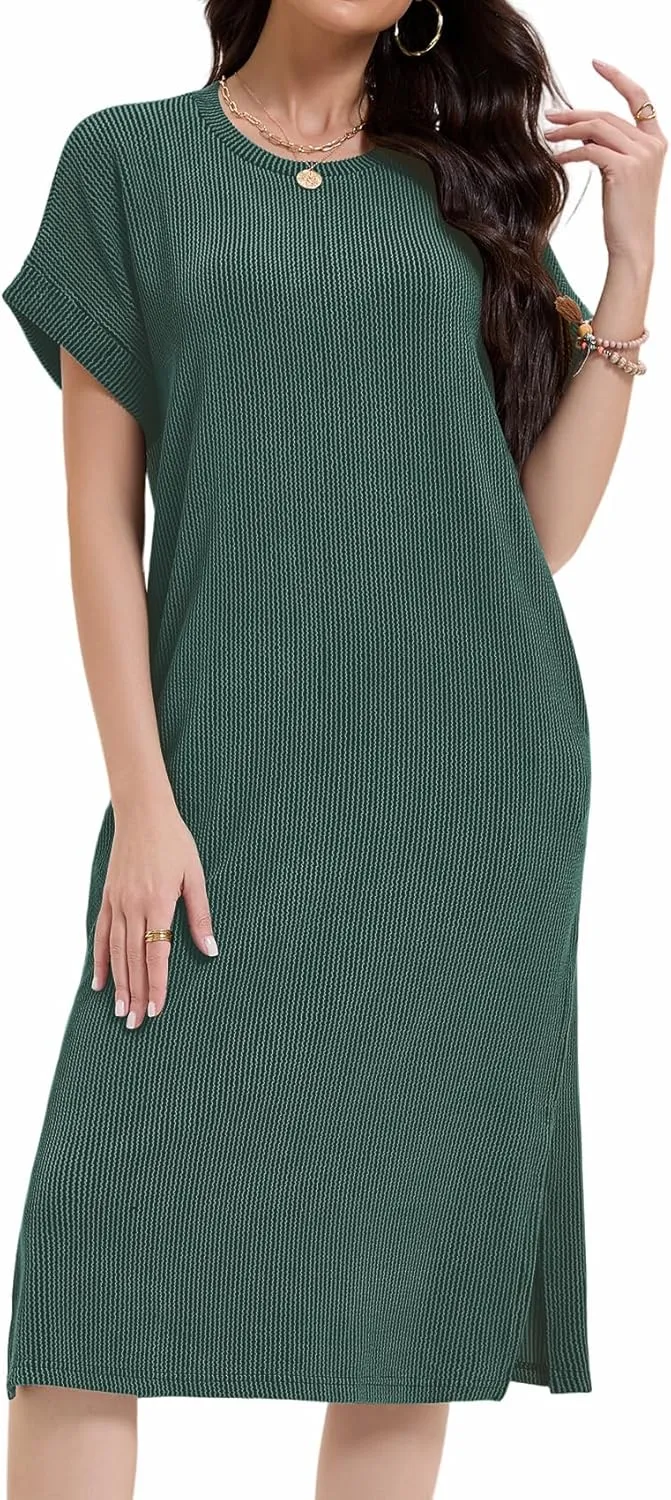 Womens Casual Summer Crewneck T Shirt Dress Ribbed Pattern Loose Split Dress with Pockets