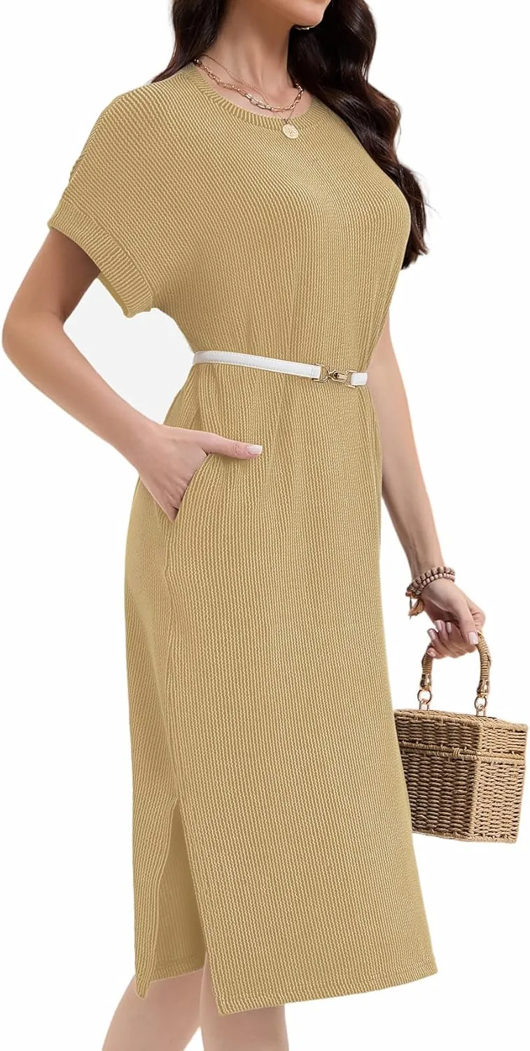 Womens Casual Summer Crewneck T Shirt Dress Ribbed Pattern Loose Split Dress with Pockets