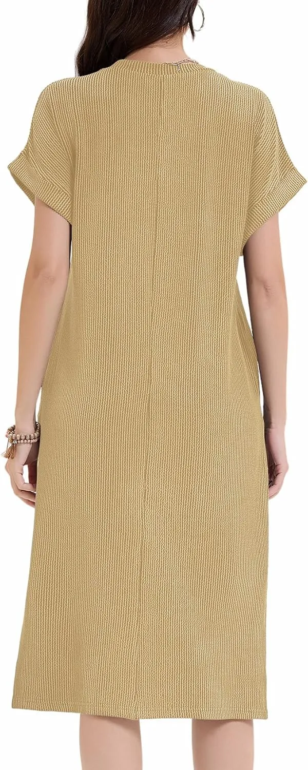 Womens Casual Summer Crewneck T Shirt Dress Ribbed Pattern Loose Split Dress with Pockets