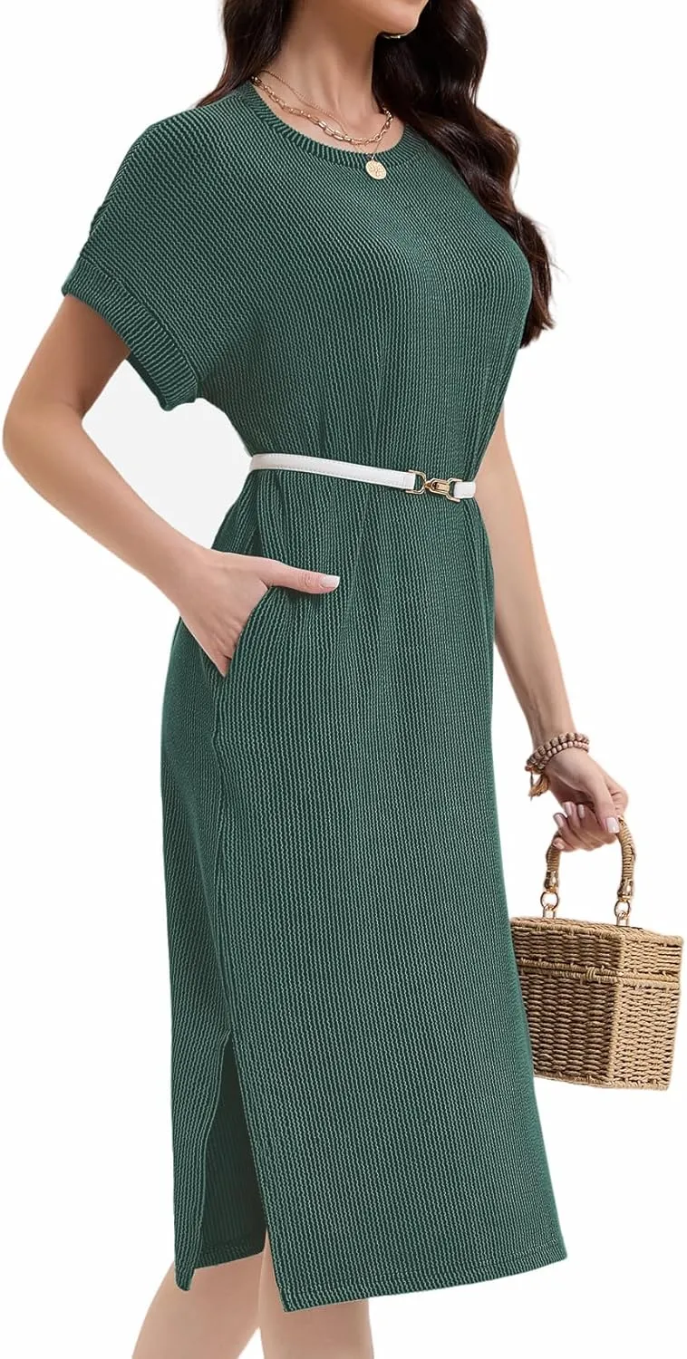 Womens Casual Summer Crewneck T Shirt Dress Ribbed Pattern Loose Split Dress with Pockets