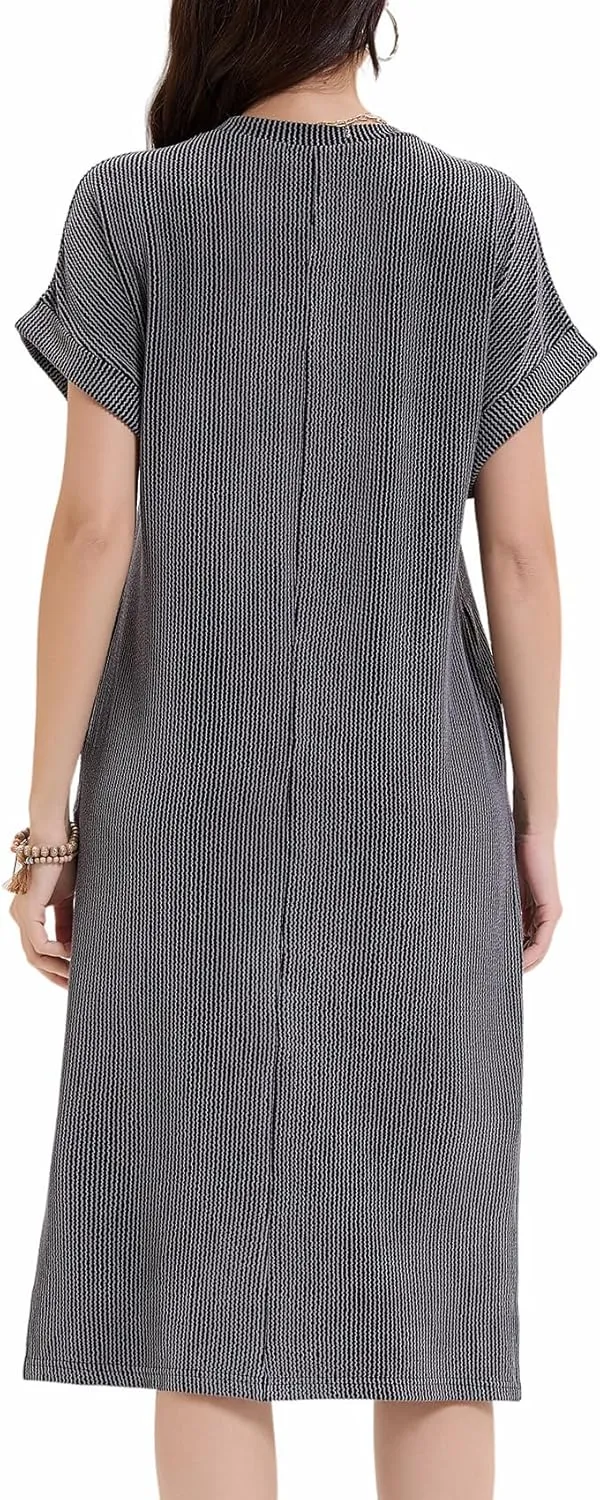 Womens Casual Summer Crewneck T Shirt Dress Ribbed Pattern Loose Split Dress with Pockets