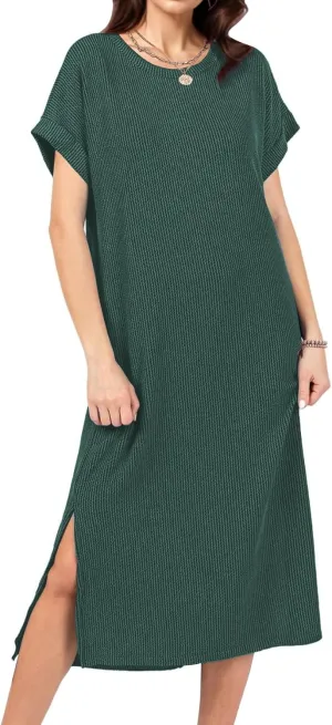 Womens Casual Summer Crewneck T Shirt Dress Ribbed Pattern Loose Split Dress with Pockets