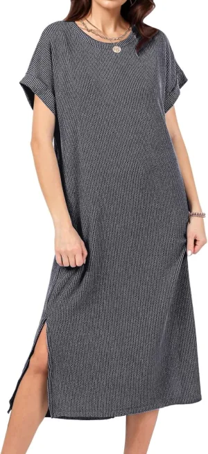 Womens Casual Summer Crewneck T Shirt Dress Ribbed Pattern Loose Split Dress with Pockets