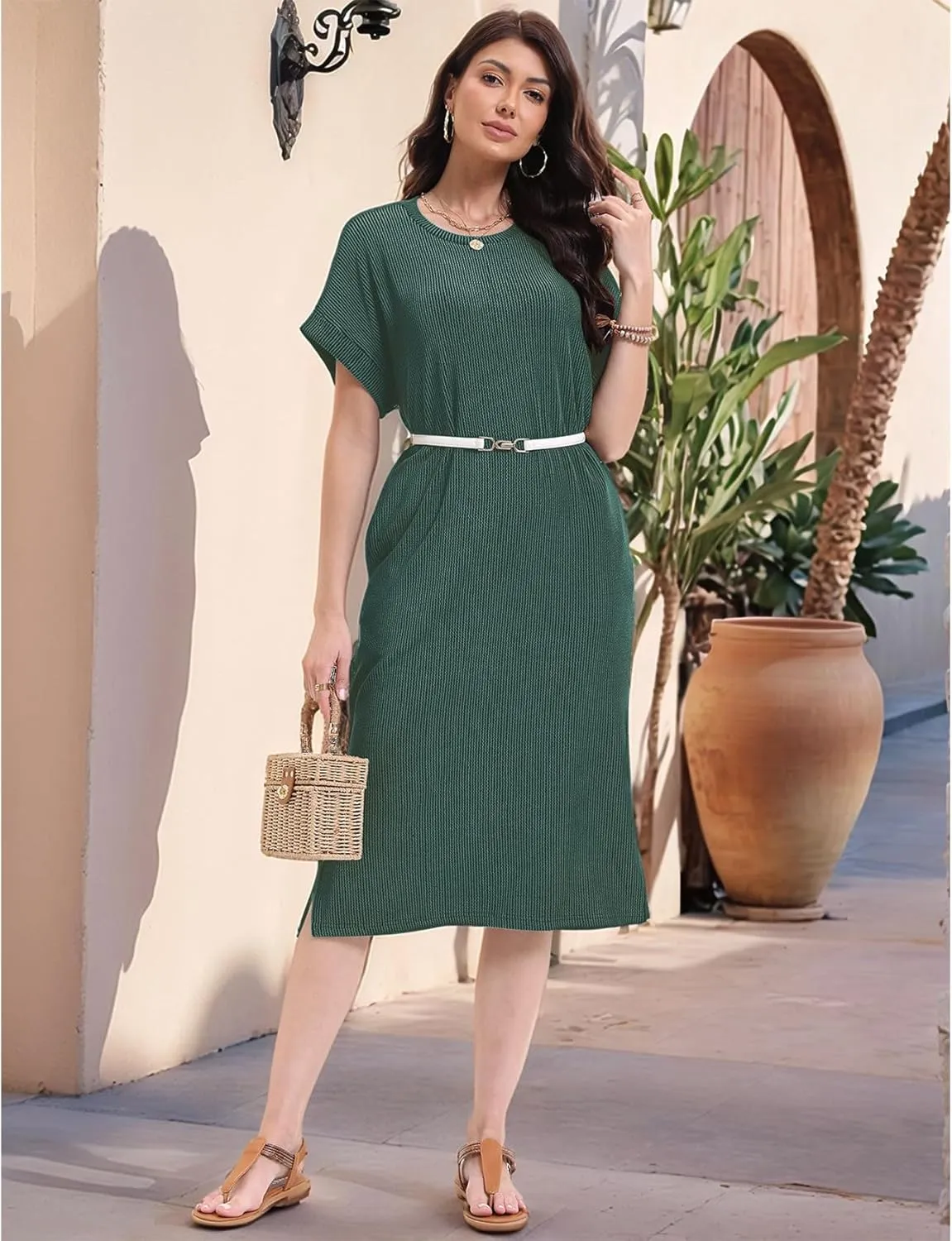 Womens Casual Summer Crewneck T Shirt Dress Ribbed Pattern Loose Split Dress with Pockets