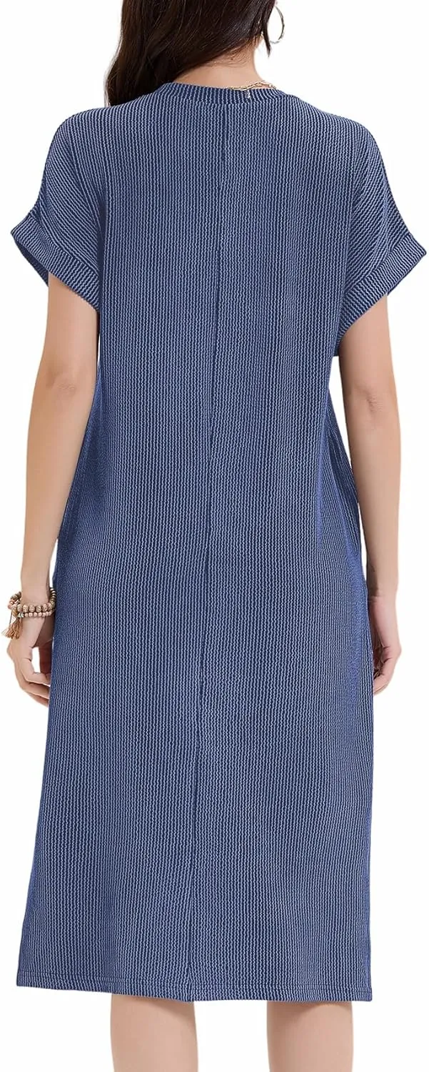 Womens Casual Summer Crewneck T Shirt Dress Ribbed Pattern Loose Split Dress with Pockets