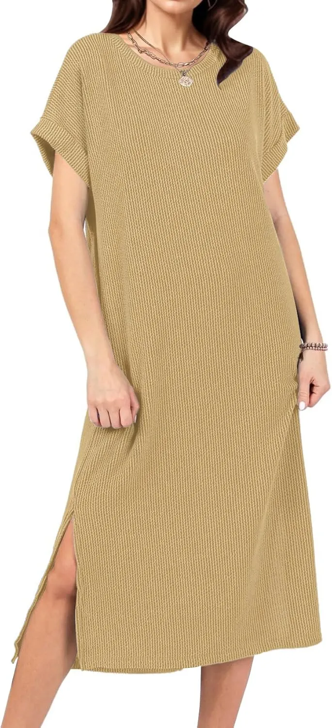 Womens Casual Summer Crewneck T Shirt Dress Ribbed Pattern Loose Split Dress with Pockets