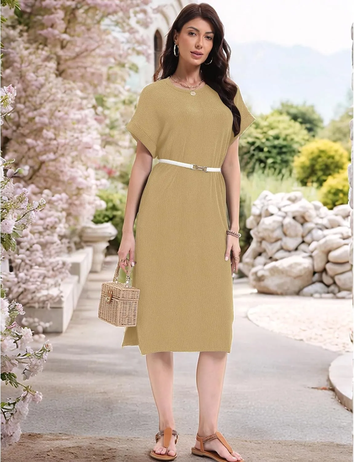 Womens Casual Summer Crewneck T Shirt Dress Ribbed Pattern Loose Split Dress with Pockets