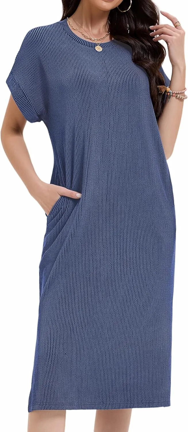 Womens Casual Summer Crewneck T Shirt Dress Ribbed Pattern Loose Split Dress with Pockets