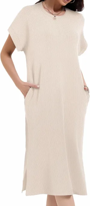 Womens Casual Summer Crewneck T Shirt Dress Ribbed Pattern Loose Split Dress with Pockets