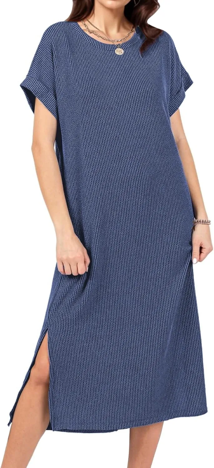 Womens Casual Summer Crewneck T Shirt Dress Ribbed Pattern Loose Split Dress with Pockets