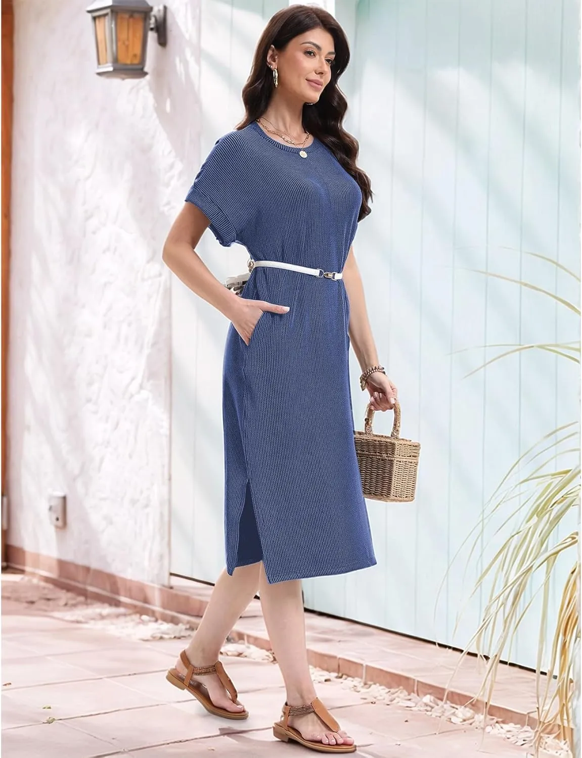 Womens Casual Summer Crewneck T Shirt Dress Ribbed Pattern Loose Split Dress with Pockets