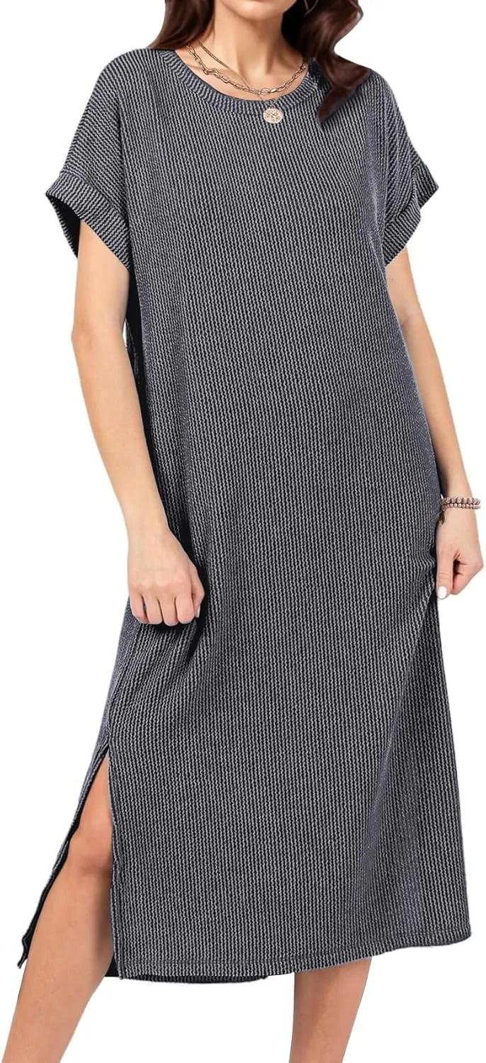 Womens Casual Summer Crewneck T Shirt Dress Ribbed Pattern Loose Split Dress with Pockets