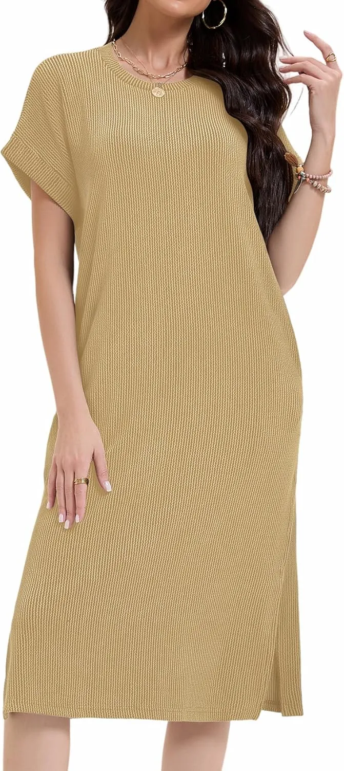 Womens Casual Summer Crewneck T Shirt Dress Ribbed Pattern Loose Split Dress with Pockets