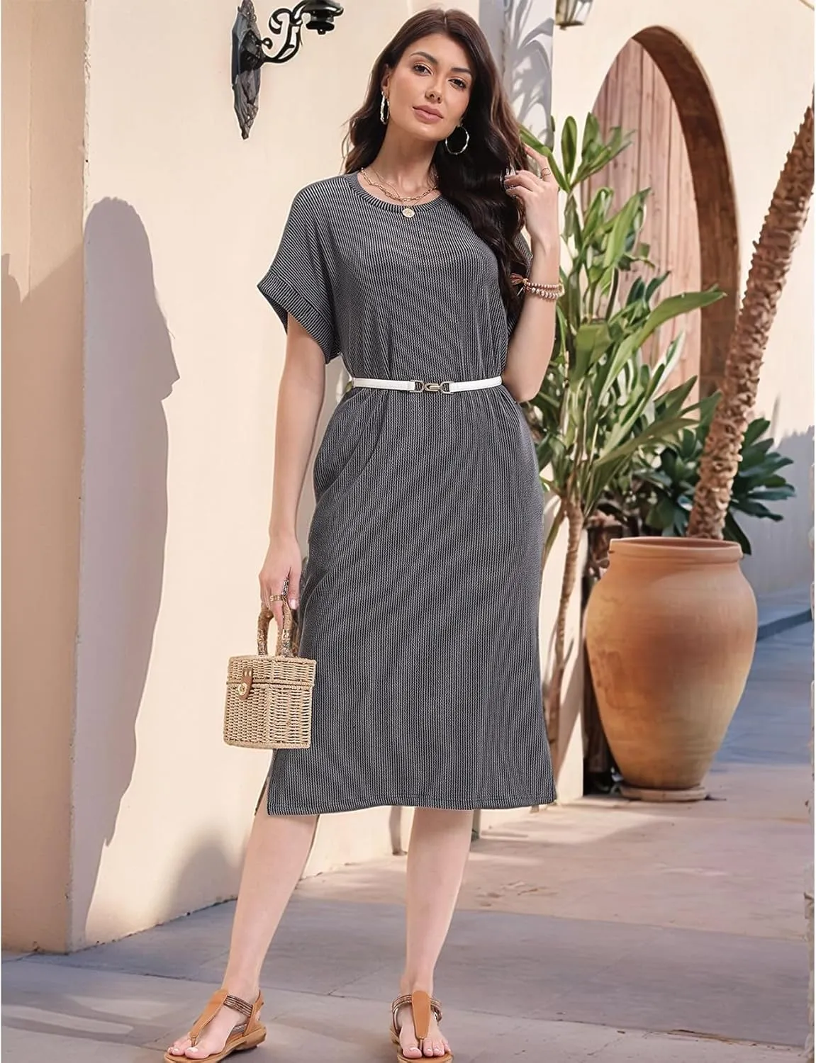 Womens Casual Summer Crewneck T Shirt Dress Ribbed Pattern Loose Split Dress with Pockets