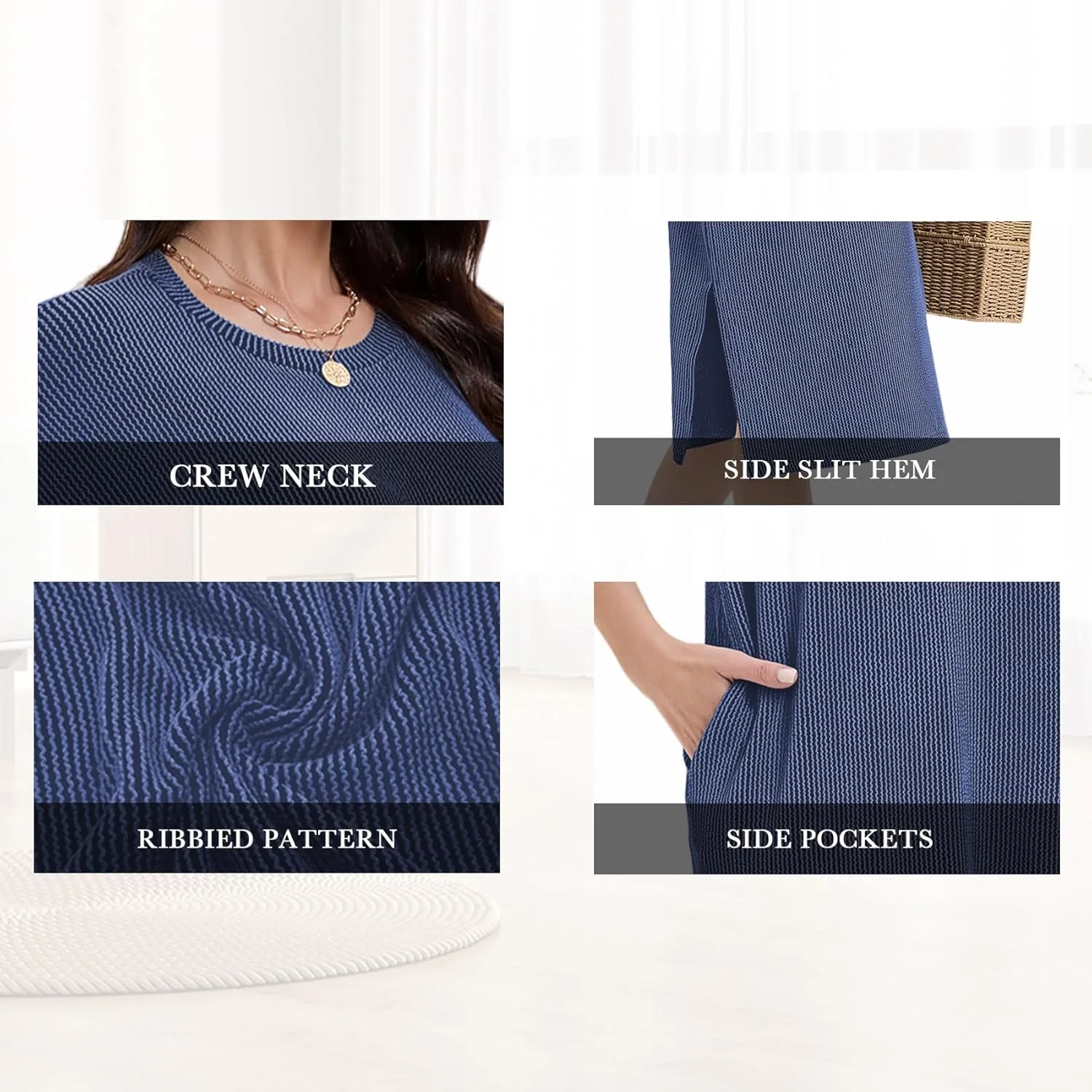 Womens Casual Summer Crewneck T Shirt Dress Ribbed Pattern Loose Split Dress with Pockets