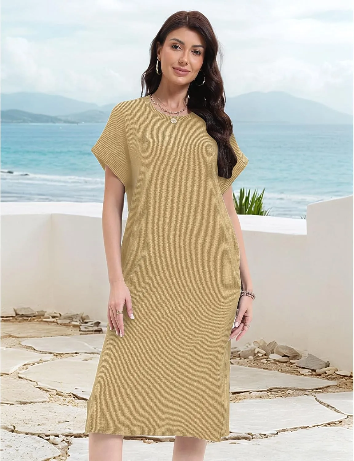 Womens Casual Summer Crewneck T Shirt Dress Ribbed Pattern Loose Split Dress with Pockets