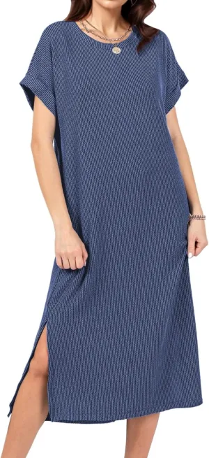 Womens Casual Summer Crewneck T Shirt Dress Ribbed Pattern Loose Split Dress with Pockets