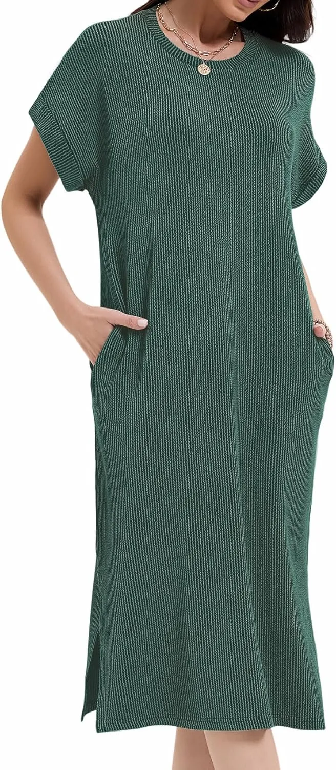 Womens Casual Summer Crewneck T Shirt Dress Ribbed Pattern Loose Split Dress with Pockets