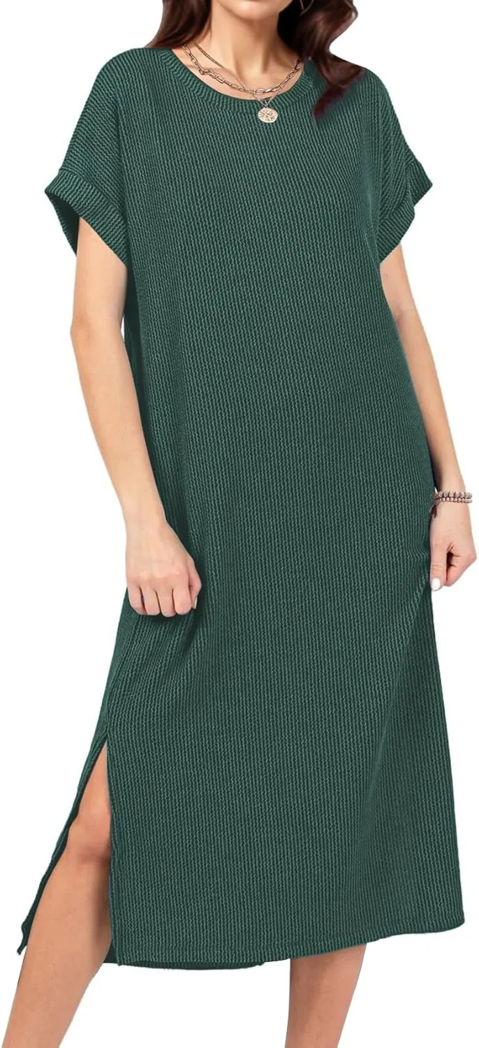 Womens Casual Summer Crewneck T Shirt Dress Ribbed Pattern Loose Split Dress with Pockets