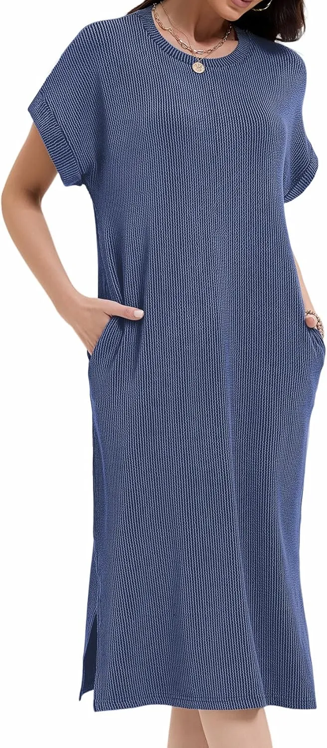 Womens Casual Summer Crewneck T Shirt Dress Ribbed Pattern Loose Split Dress with Pockets