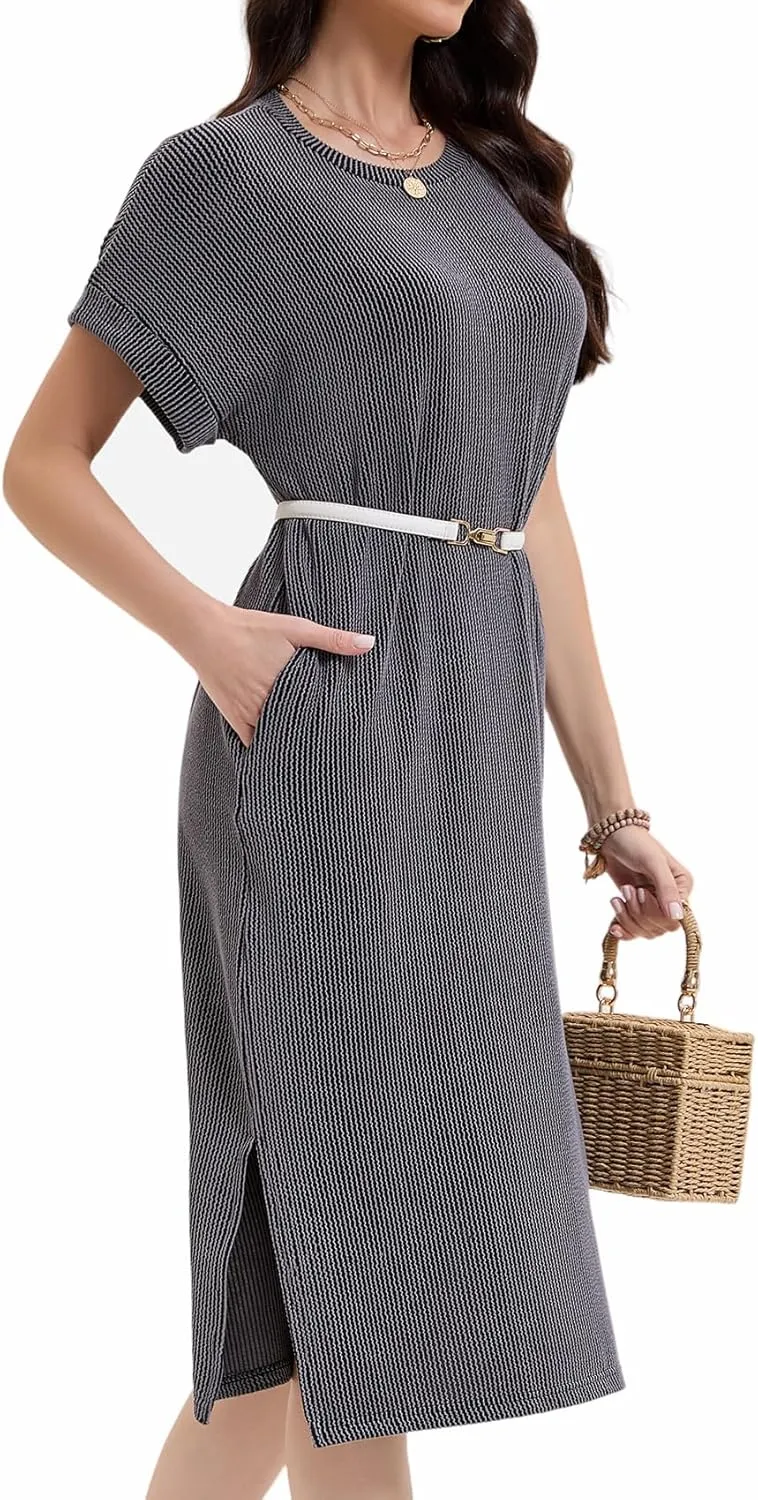 Womens Casual Summer Crewneck T Shirt Dress Ribbed Pattern Loose Split Dress with Pockets